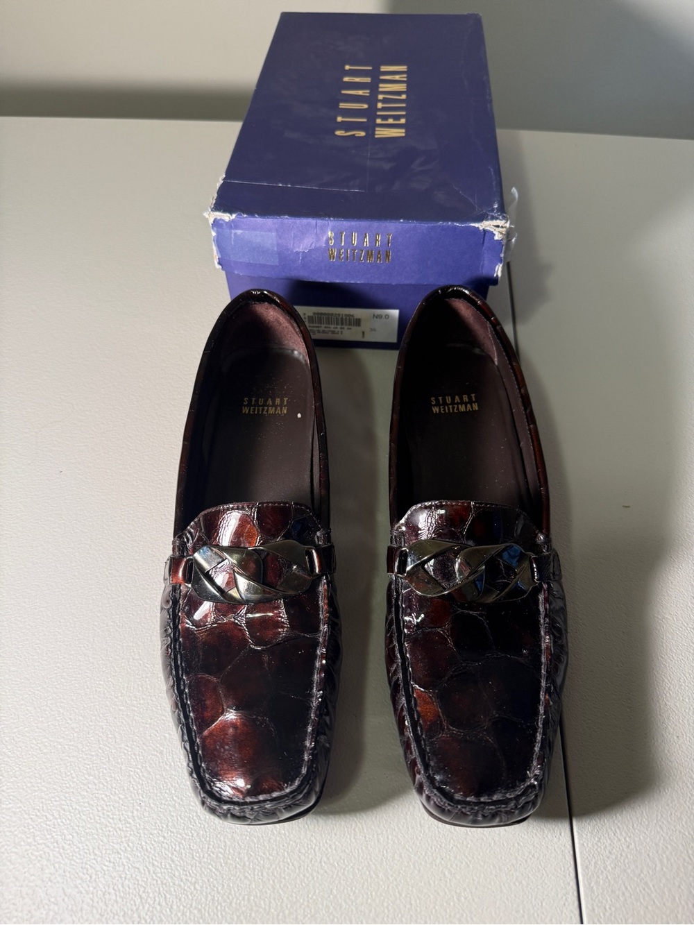 Stuart Weitzman Brown Crocodile Loafers Platform Size 9 N Square Toe Preppy